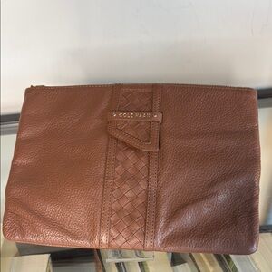 Cole Haan TECH Zip Pouch Clutch Woodbury Brown LEATHER like new